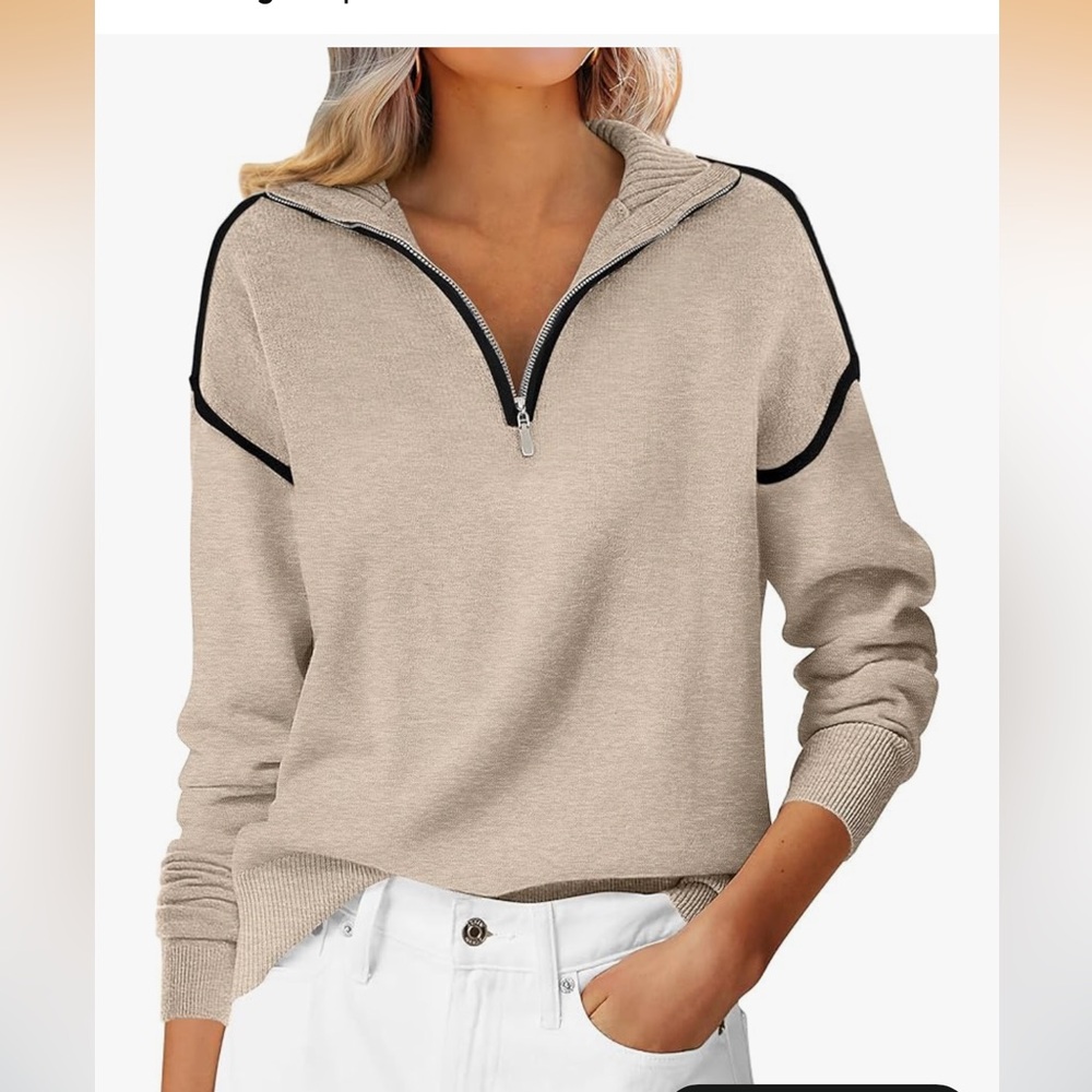 ANRABESS Beige Quarter-Zip Sweater with Black Accents